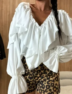 Best Women's Shirt Blouse Plain Daily Modern Long Sleeve V Neck Regular Tops Holiday Going out Ruffle Black White Pink Khaki Spring Women Lace Tops