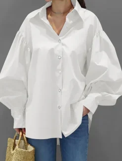 Clearance Women's Shirt Blouse Plain Casual Long Sleeve Lantern Sleeve Shirt Collar Regular Tops Daily Weekend Buttons Black White Yellow Blue Spring Fall Women Blouses & Shirts