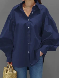 Clearance Women's Shirt Blouse Plain Casual Long Sleeve Lantern Sleeve Shirt Collar Regular Tops Daily Weekend Buttons Black White Yellow Blue Spring Fall Women Blouses & Shirts