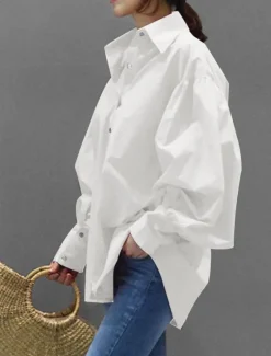 Clearance Women's Shirt Blouse Plain Casual Long Sleeve Lantern Sleeve Shirt Collar Regular Tops Daily Weekend Buttons Black White Yellow Blue Spring Fall Women Blouses & Shirts