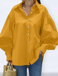 Clearance Women's Shirt Blouse Plain Casual Long Sleeve Lantern Sleeve Shirt Collar Regular Tops Daily Weekend Buttons Black White Yellow Blue Spring Fall Women Blouses & Shirts