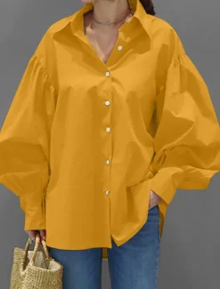 Clearance Women's Shirt Blouse Plain Casual Long Sleeve Lantern Sleeve Shirt Collar Regular Tops Daily Weekend Buttons Black White Yellow Blue Spring Fall Women Blouses & Shirts