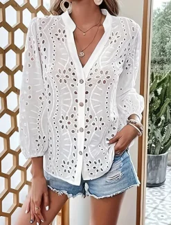 Best Women's Shirt Blouse Plain Stylish Casual Long Sleeve V Neck Regular Tops Daily Eyelet Spring Fall Women Lace Tops