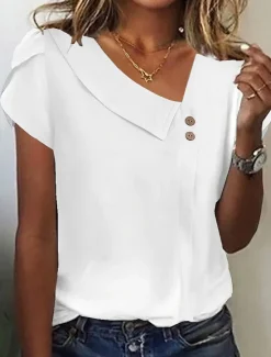 Best Women's Shirt Blouse Plain Soild Color Daily Basic Ruffle Short Sleeve Asymmetrical Neck White Summer Women Blouses & Shirts