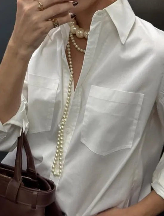 Women's Shirt Blouse Plain Modern Casual Long Sleeve Shirt Collar Regular Tops Daily Holiday Going out Buttons Pocket Summer Women White Dresses