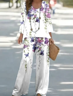 Hot Women's Shirt Blouse Sleeveless 3/4 Length Sleeve Round Neck U Neck Ombre Floral Graphic Print Outdoor Vacation Casual Purple Green Summer Regular Fit Women Two Piece Sets