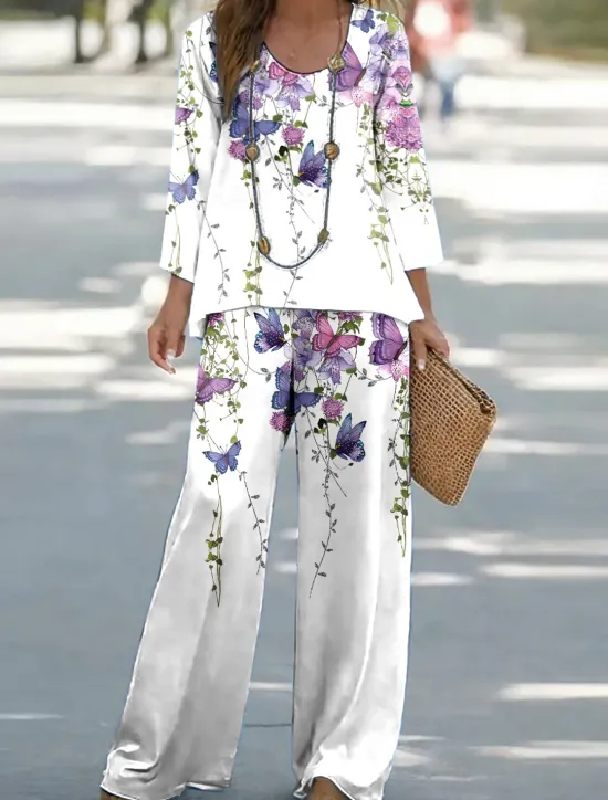 Hot Women's Shirt Blouse Sleeveless 3/4 Length Sleeve Round Neck U Neck Ombre Floral Graphic Print Outdoor Vacation Casual Purple Green Summer Regular Fit Women Two Piece Sets