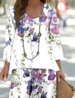 Hot Women's Shirt Blouse Sleeveless 3/4 Length Sleeve Round Neck U Neck Ombre Floral Graphic Print Outdoor Vacation Casual Purple Green Summer Regular Fit Women Two Piece Sets