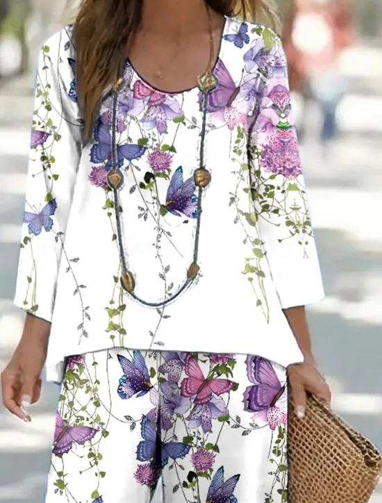 Hot Women's Shirt Blouse Sleeveless 3/4 Length Sleeve Round Neck U Neck Ombre Floral Graphic Print Outdoor Vacation Casual Purple Green Summer Regular Fit Women Two Piece Sets