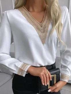 Sale Women's Shirt Blouse Solid Color Stylish Casual Long Sleeve V Neck Regular Tops Daily Lace Patchwork Black White Summer Spring Fall Women Lace Tops