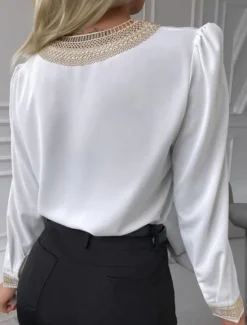 Sale Women's Shirt Blouse Solid Color Stylish Casual Long Sleeve V Neck Regular Tops Daily Lace Patchwork Black White Summer Spring Fall Women Lace Tops