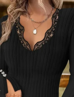 New Women's Shirt Blouse Solid Color Basic Casual Long Sleeve V Neck Regular Tops Daily Lace Patchwork Fall Winter Women Lace Tops