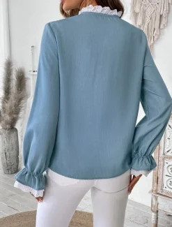 Discount Women's Shirt Blouse Solid Color Stylish Casual Long Sleeve Turtleneck Regular Tops Daily Lace Patchwork Summer Spring Women Lace Tops