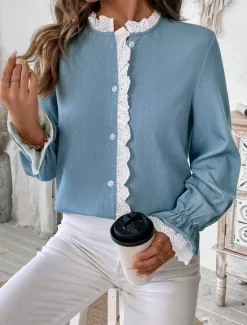 Discount Women's Shirt Blouse Solid Color Stylish Casual Long Sleeve Turtleneck Regular Tops Daily Lace Patchwork Summer Spring Women Lace Tops