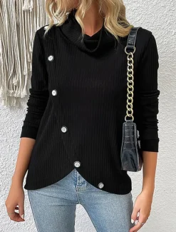 Women's Shirt Blouse Solid Color Basic Casual Long Sleeve Turtleneck Regular Tops Daily Patchwork Buttons Fall Winter Women Blouses & Shirts