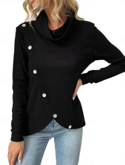 Women's Shirt Blouse Solid Color Basic Casual Long Sleeve Turtleneck Regular Tops Daily Patchwork Buttons Fall Winter Women Blouses & Shirts