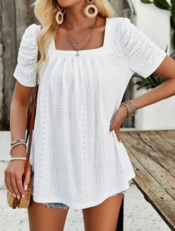 Best Women's Shirt Blouse Solid Color Stylish Casual Short Sleeve Square Neck Regular Tops Daily Eyelet White Yellow Summer Women Lace Tops