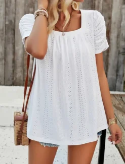 Best Women's Shirt Blouse Solid Color Stylish Casual Short Sleeve Square Neck Regular Tops Daily Eyelet White Yellow Summer Women Lace Tops