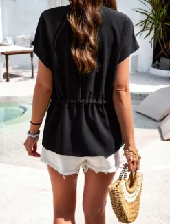 Online Women's Shirt Blouse Solid Color Stylish Casual Short Sleeve Notched Neck Regular Tops Daily Buttons Drawstring Black Wine Blue Green Beige Summer Women T-Shirts