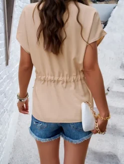 Online Women's Shirt Blouse Solid Color Stylish Casual Short Sleeve Notched Neck Regular Tops Daily Buttons Drawstring Black Wine Blue Green Beige Summer Women T-Shirts