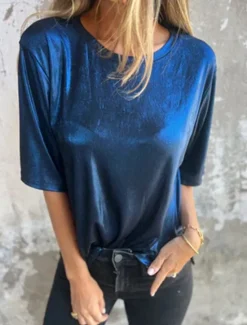 Online Women's Shirt Blouse Solid Color Stylish Casual Short Sleeve Crew Neck Regular Tops Daily Patchwork White Blue Gold Summer Women Blouses & Shirts