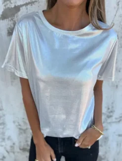 Online Women's Shirt Blouse Solid Color Stylish Casual Short Sleeve Crew Neck Regular Tops Daily Patchwork White Blue Gold Summer Women Blouses & Shirts