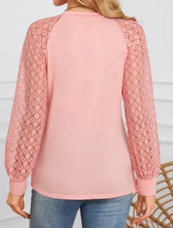 Discount Women's Shirt Blouse Solid Color Stylish Casual Long Sleeve Crew Neck Regular Tops Daily Lace Patchwork White Pink Summer Spring Women Lace Tops