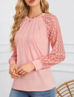 Discount Women's Shirt Blouse Solid Color Stylish Casual Long Sleeve Crew Neck Regular Tops Daily Lace Patchwork White Pink Summer Spring Women Lace Tops