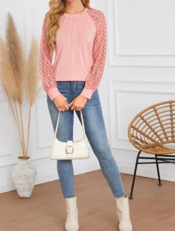 Discount Women's Shirt Blouse Solid Color Stylish Casual Long Sleeve Crew Neck Regular Tops Daily Lace Patchwork White Pink Summer Spring Women Lace Tops