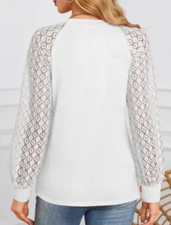 Discount Women's Shirt Blouse Solid Color Stylish Casual Long Sleeve Crew Neck Regular Tops Daily Lace Patchwork White Pink Summer Spring Women Lace Tops