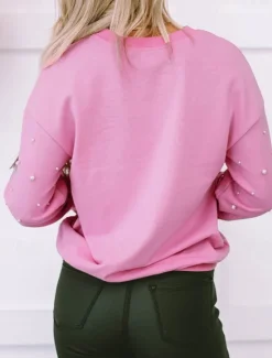 Outlet Women's Shirt Blouse Solid Color Basic Casual Long Sleeve Bishop Sleeve Crew Neck Regular Tops Daily Patchwork Beaded Fall Winter Women Hoodies & Sweatshirts