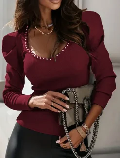 Clearance Women's Shirt Blouse Solid Color Basic Casual Long Sleeve Puff Sleeve V Neck Regular Tops Daily Patchwork Beaded Black Wine Green Fall Winter Women Blouses & Shirts