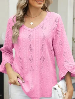 Sale Women's Shirt Blouse Solid Color Basic Casual 3/4 Length Sleeve V Neck Regular Tops Daily Eyelet Pink Blue Green Spring Fall Women Lace Tops
