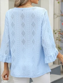 Sale Women's Shirt Blouse Solid Color Basic Casual 3/4 Length Sleeve V Neck Regular Tops Daily Eyelet Pink Blue Green Spring Fall Women Lace Tops