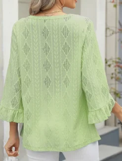 Sale Women's Shirt Blouse Solid Color Basic Casual 3/4 Length Sleeve V Neck Regular Tops Daily Eyelet Pink Blue Green Spring Fall Women Lace Tops