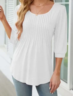 New Women's Shirt Blouse Solid Color Basic Casual 3/4 Length Sleeve Crew Neck Regular Tops Daily Ruched Black White Pink Summer Spring Women Blouses & Shirts|Shirts