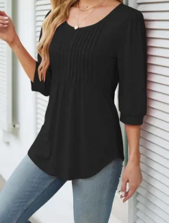 New Women's Shirt Blouse Solid Color Basic Casual 3/4 Length Sleeve Crew Neck Regular Tops Daily Ruched Black White Pink Summer Spring Women Blouses & Shirts|Shirts