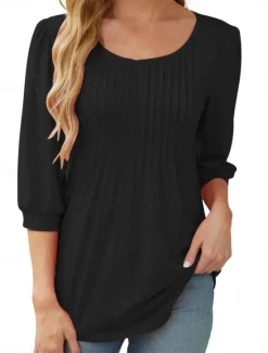 New Women's Shirt Blouse Solid Color Basic Casual 3/4 Length Sleeve Crew Neck Regular Tops Daily Ruched Black White Pink Summer Spring Women Blouses & Shirts|Shirts