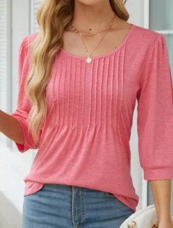 New Women's Shirt Blouse Solid Color Basic Casual 3/4 Length Sleeve Crew Neck Regular Tops Daily Ruched Black White Pink Summer Spring Women Blouses & Shirts|Shirts