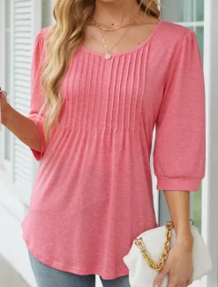 New Women's Shirt Blouse Solid Color Basic Casual 3/4 Length Sleeve Crew Neck Regular Tops Daily Ruched Black White Pink Summer Spring Women Blouses & Shirts|Shirts