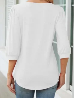 New Women's Shirt Blouse Solid Color Basic Casual 3/4 Length Sleeve Crew Neck Regular Tops Daily Ruched Black White Pink Summer Spring Women Blouses & Shirts|Shirts