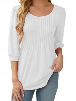 New Women's Shirt Blouse Solid Color Basic Casual 3/4 Length Sleeve Crew Neck Regular Tops Daily Ruched Black White Pink Summer Spring Women Blouses & Shirts|Shirts