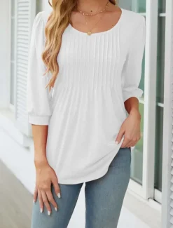 New Women's Shirt Blouse Solid Color Basic Casual 3/4 Length Sleeve Crew Neck Regular Tops Daily Ruched Black White Pink Summer Spring Women Blouses & Shirts|Shirts