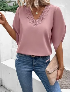 Hot Women's Shirt Blouse Solid Color Stylish Casual Half Sleeve Bell Sleeve V Neck Regular Tops Daily Lace Patchwork Pink Light Blue Summer Spring Fall Women Lace Tops