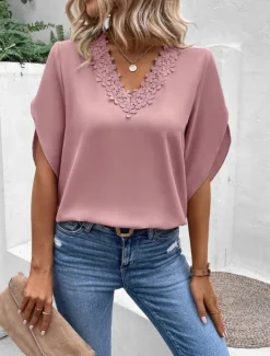 Hot Women's Shirt Blouse Solid Color Stylish Casual Half Sleeve Bell Sleeve V Neck Regular Tops Daily Lace Patchwork Pink Light Blue Summer Spring Fall Women Lace Tops