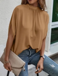 Online Women's Shirt Blouse Solid Color Elegant Daily Stylish Half Sleeve Batwing Sleeve Crew Neck Regular Tops Work Daily Holiday Patchwork Black Blue Brown Green Summer Spring Women Blouses & Shirts