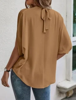 Online Women's Shirt Blouse Solid Color Elegant Daily Stylish Half Sleeve Batwing Sleeve Crew Neck Regular Tops Work Daily Holiday Patchwork Black Blue Brown Green Summer Spring Women Blouses & Shirts
