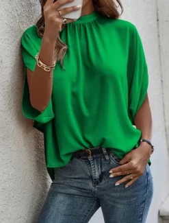 Online Women's Shirt Blouse Solid Color Elegant Daily Stylish Half Sleeve Batwing Sleeve Crew Neck Regular Tops Work Daily Holiday Patchwork Black Blue Brown Green Summer Spring Women Blouses & Shirts