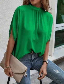 Online Women's Shirt Blouse Solid Color Elegant Daily Stylish Half Sleeve Batwing Sleeve Crew Neck Regular Tops Work Daily Holiday Patchwork Black Blue Brown Green Summer Spring Women Blouses & Shirts