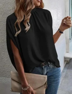 Online Women's Shirt Blouse Solid Color Elegant Daily Stylish Half Sleeve Batwing Sleeve Crew Neck Regular Tops Work Daily Holiday Patchwork Black Blue Brown Green Summer Spring Women Blouses & Shirts